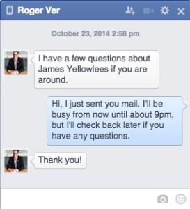 Facebook message from Roger Ver asking for information about James Yellowlees